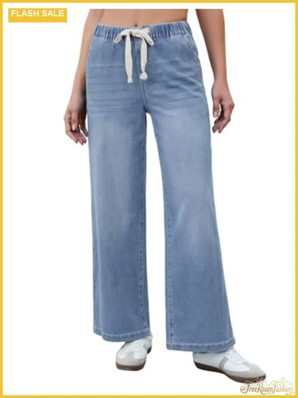 High Waisted Wide Leg Stretch Denim Jeans with Pockets